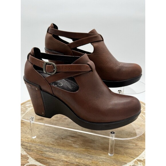 Dansko Franka chocolate brown leather Wedges buckle ankle bootie Studs Sz 38